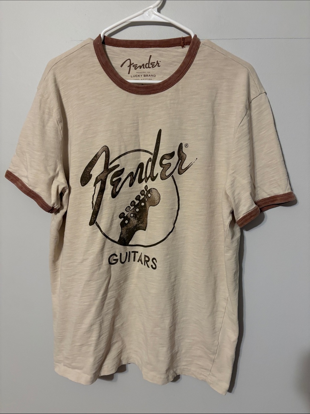 Lucky Brand Cream Ringer Tee with Brown Trim. Fender design. Oversized. Large.